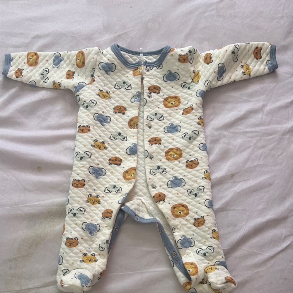 chick pea Quilted White Footie with Blue Trim and Animal Faces